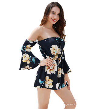 Hot Style Women′s Fashion Flared Sleeve Print Jumpsuit Shorts